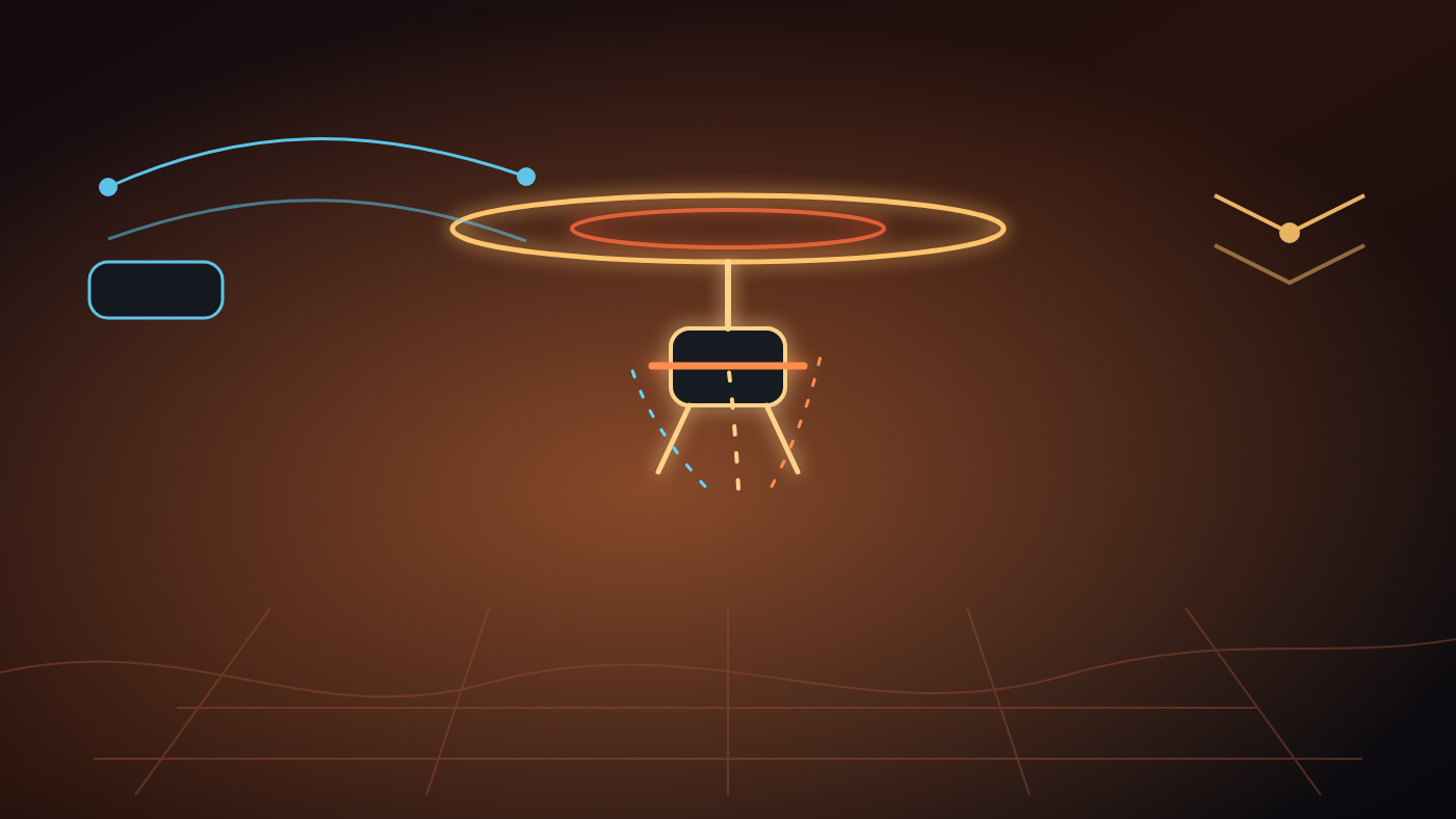 Abstract Mars helicopter flight path with rotor arcs, terrain grid, and delayed communication pulses