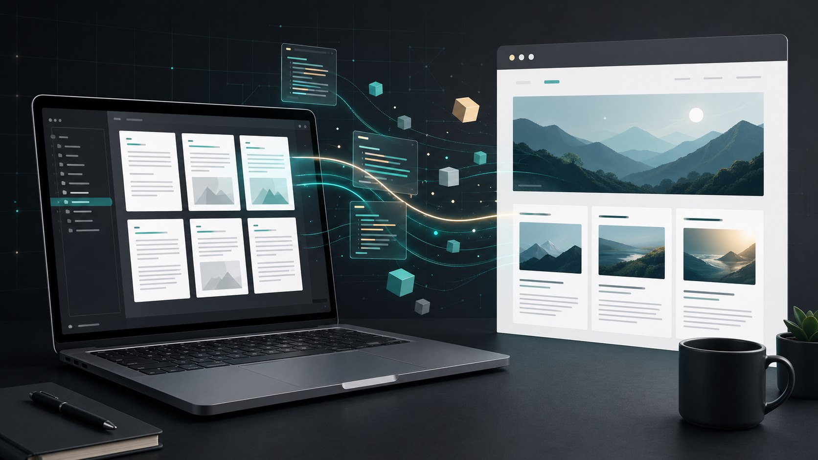 A laptop and organized markdown pages moving into a polished GitHub Pages website