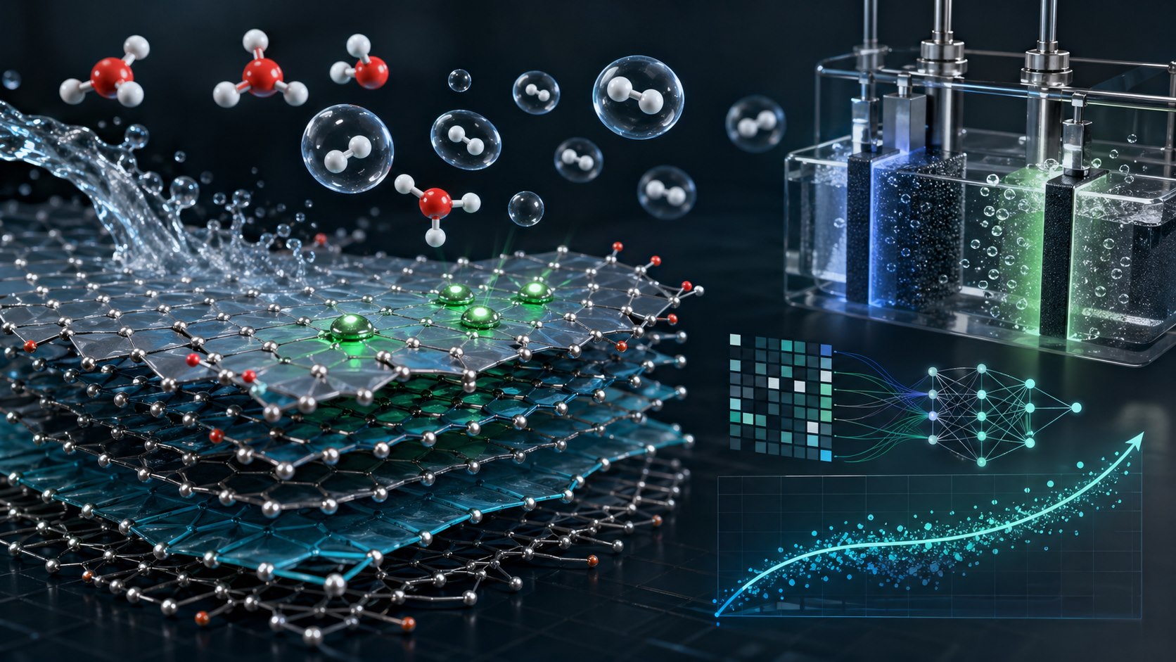 MXene catalyst layers, hydrogen bubbles, and a machine learning prediction curve