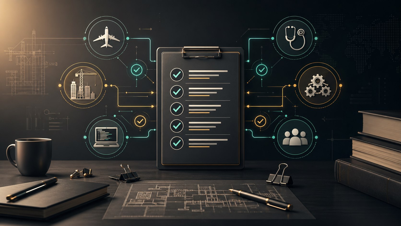 A professional checklist board connected to aviation, construction, medicine, and software workflow icons