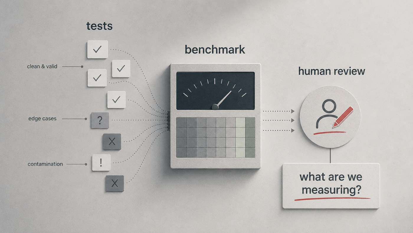 Abstract benchmark dashboard showing tests, warnings, code patches, and agent evaluation paths